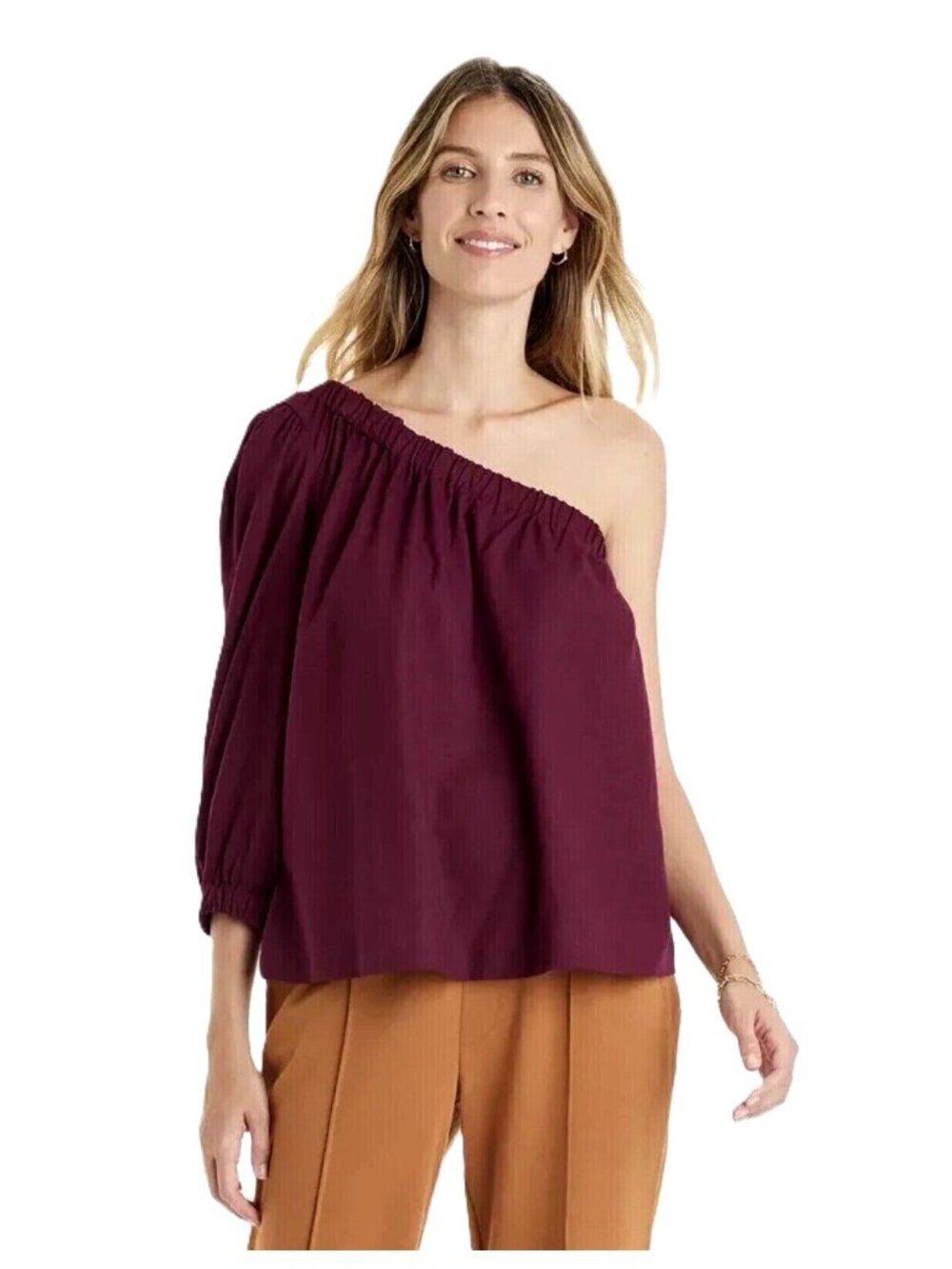 A New Day Size Small Burgundy Puff 3/4 Sleeve & One Shoulder Top w Elastic Hems